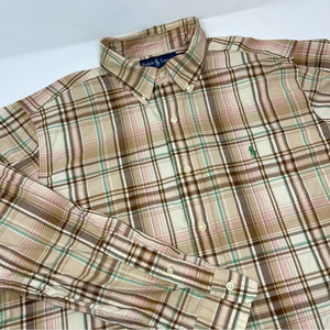 Ralph Lauren Tan Brown Green Plaid Green Pony Buttondown Longsleeve Cotton Sz.Lg